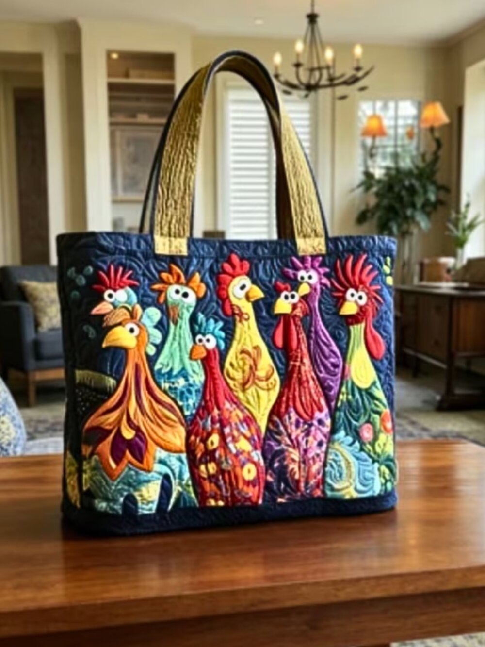 NNWT Colorful Quilted Chicken Tote Bag Whimsical Hen Printed Pattern Handbag - Picture 5 of 5